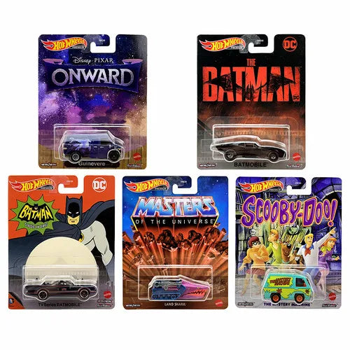 Hot Wheels Premium - Coleção 5 Carros Retrô: Guinevere, 2 Batmobile, Land Shark e The Mystery Machine